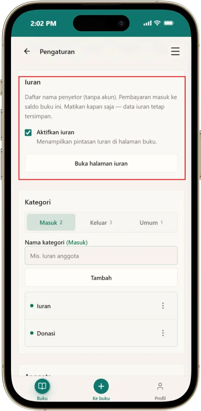 Pengaturan buku Kas dengan opsi Aktifkan iuran dicentang