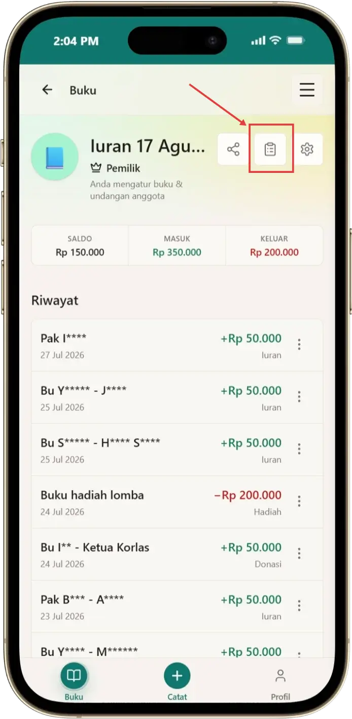 Halaman buku kas menampilkan pintasan Iuran di bilah atas