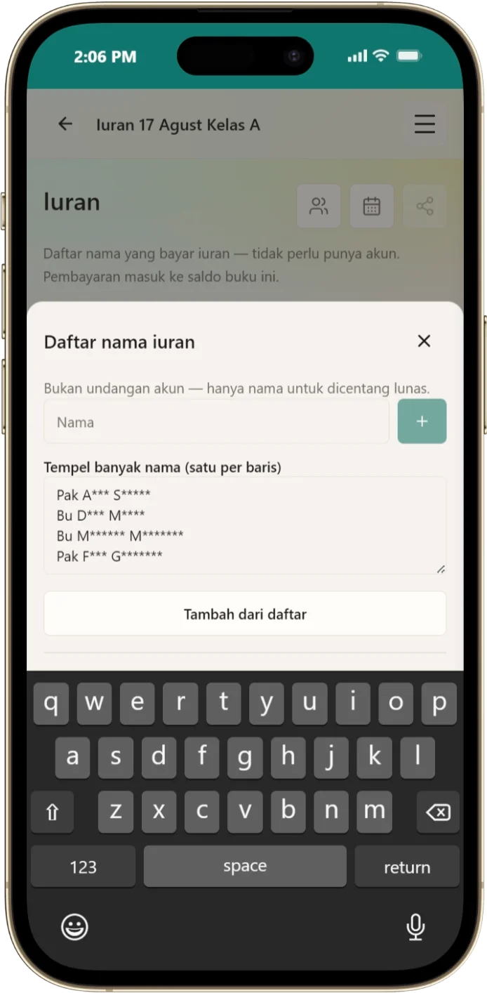 Daftar nama penyetor iuran di halaman Iuran Kas