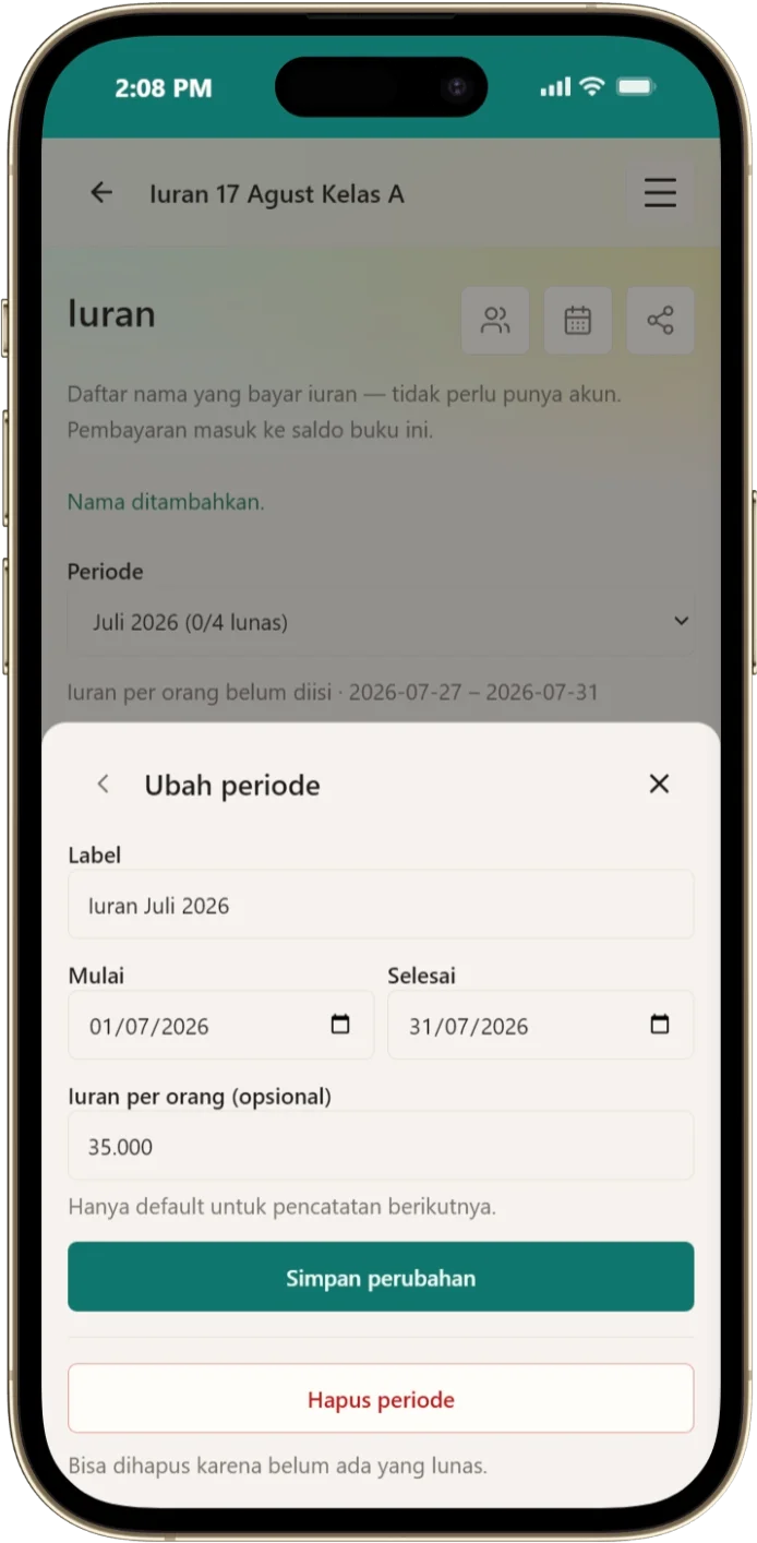 Form buat periode iuran dengan label dan opsi iuran per orang