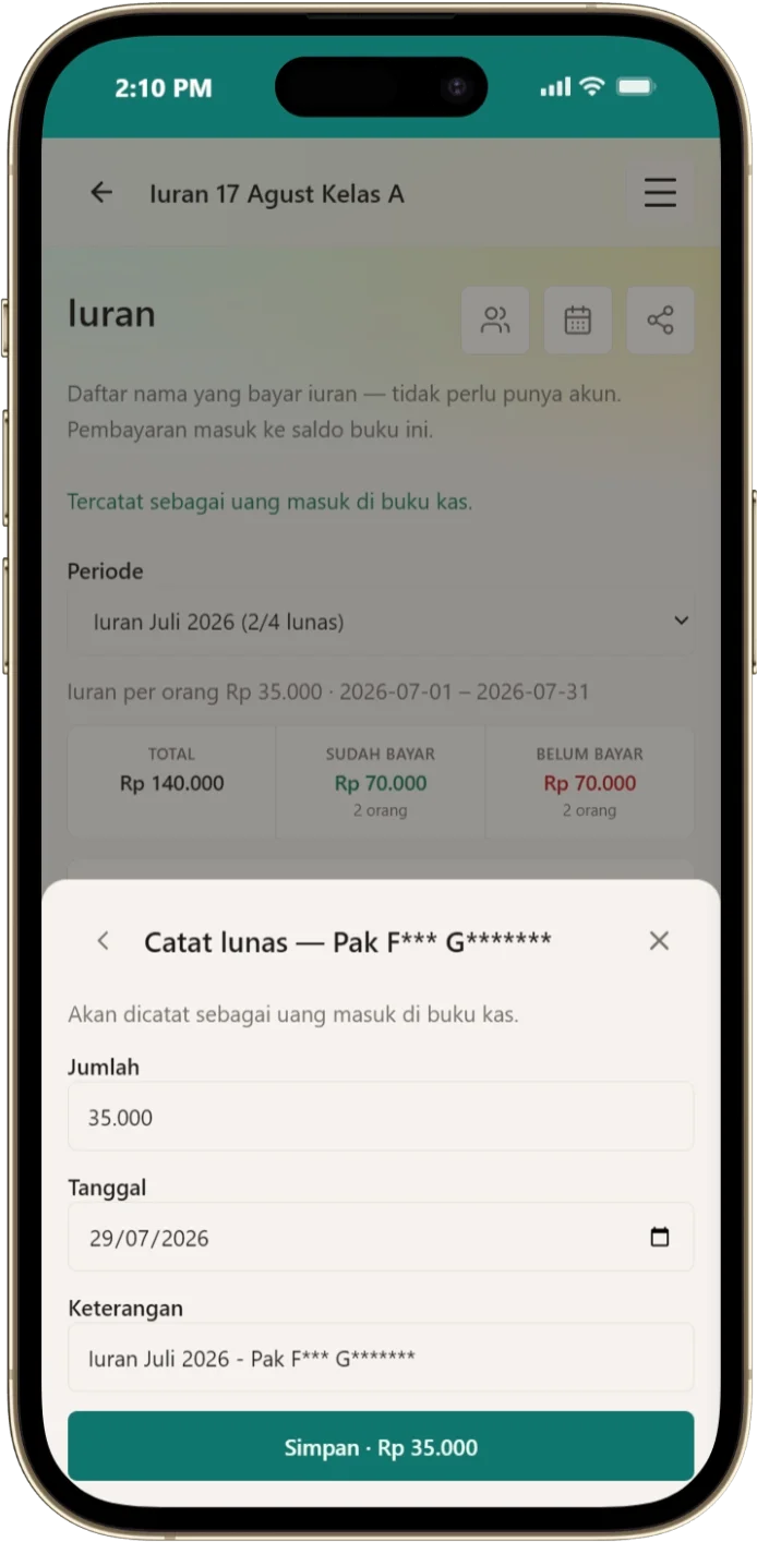 Form catat lunas iuran dengan jumlah, tanggal, dan keterangan