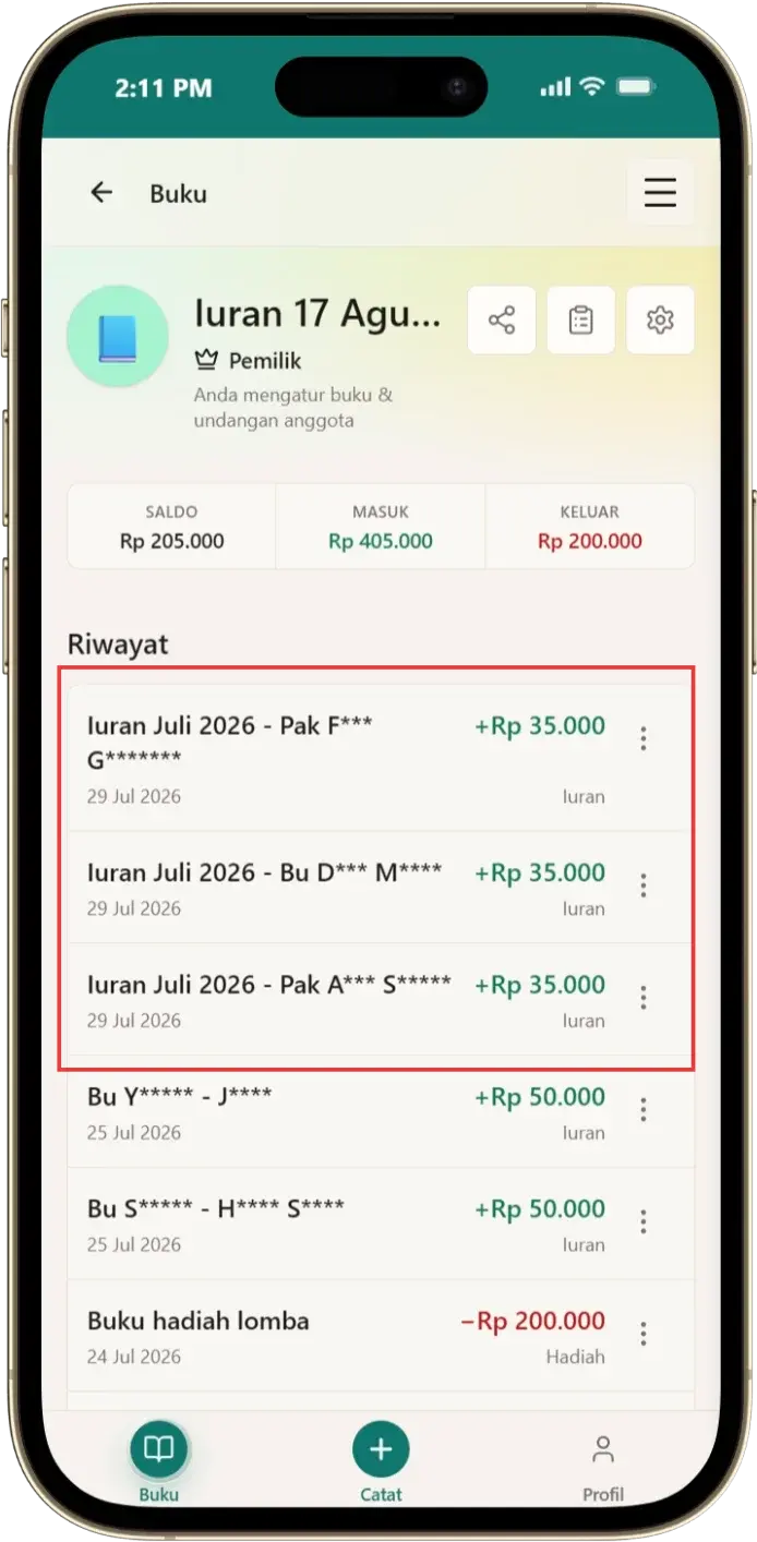 Daftar transaksi buku kas menampilkan uang masuk dari catat lunas iuran