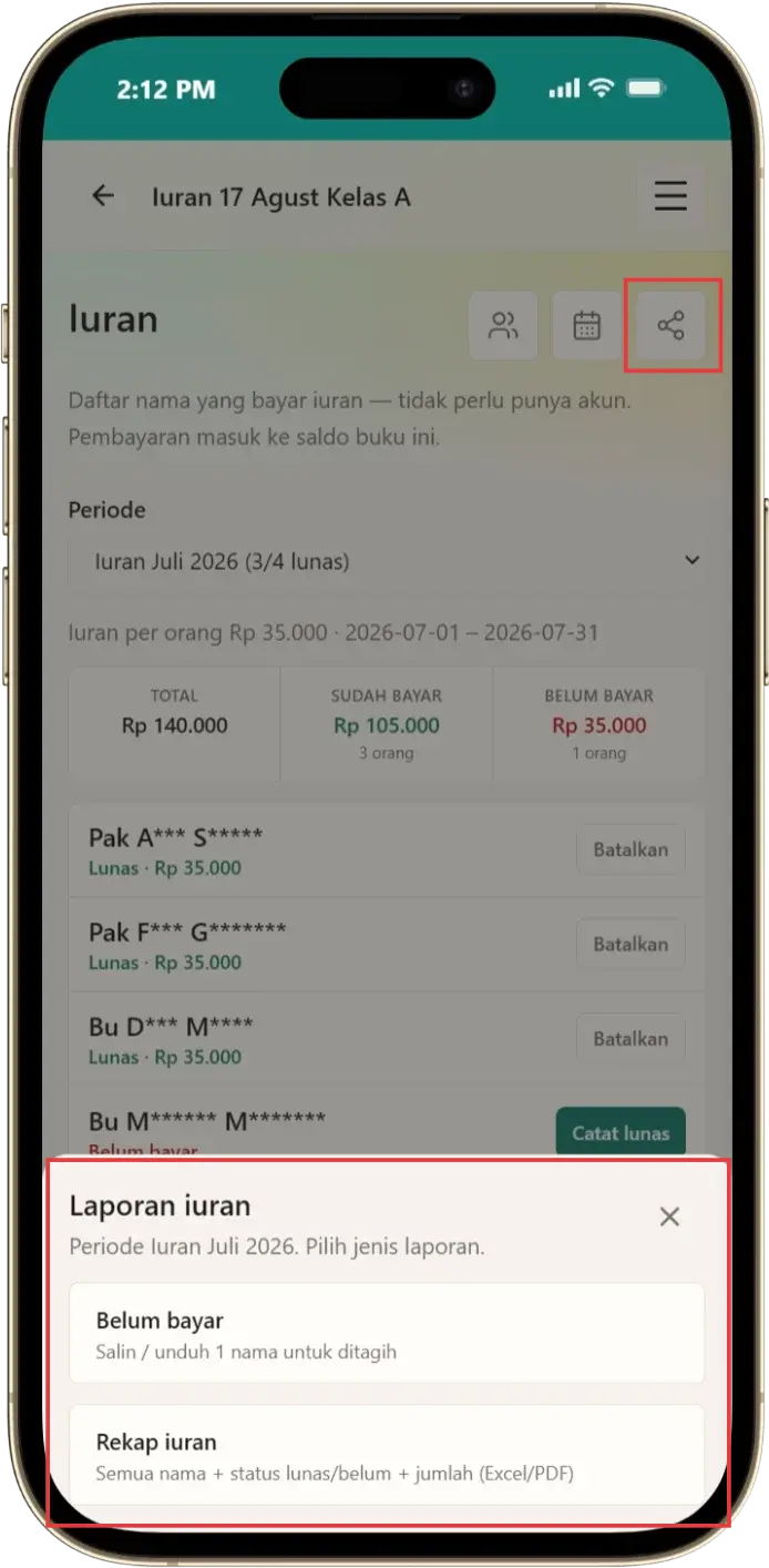 Panel pilihan bagikan laporan iuran di Kas