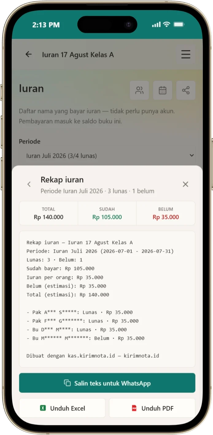 Panel salin atau unduh rekap laporan iuran