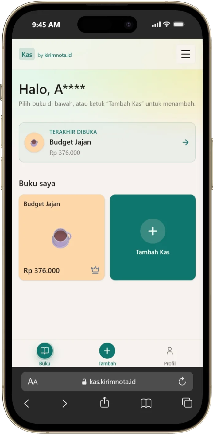Layar dashboard Kas setelah login, belum ada buku, dengan tombol Tambah Kas