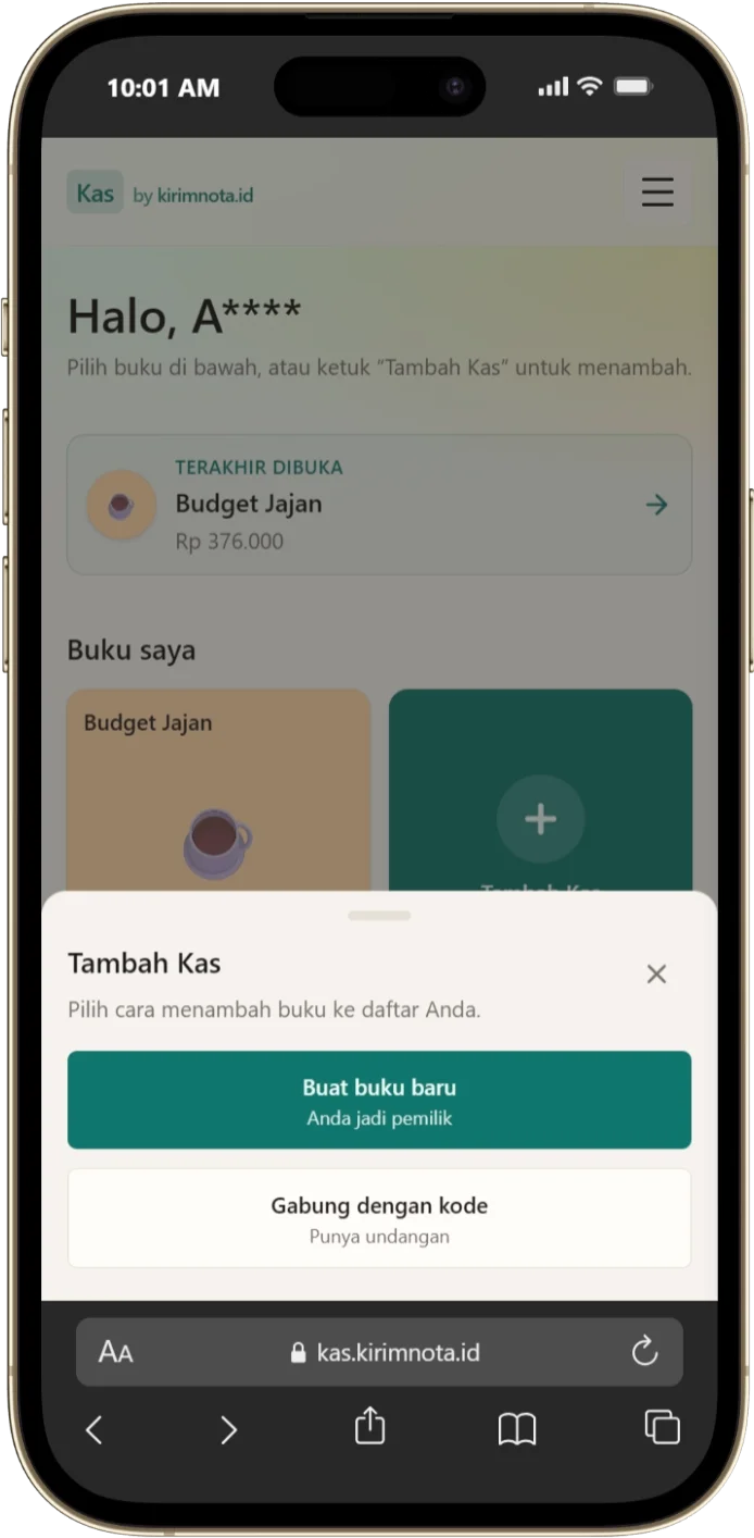 Menu Tambah Kas menampilkan pilihan buat buku baru atau gabung dengan kode