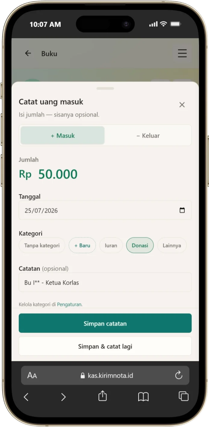 Form catat uang masuk dengan jumlah, tanggal, kategori, dan keterangan