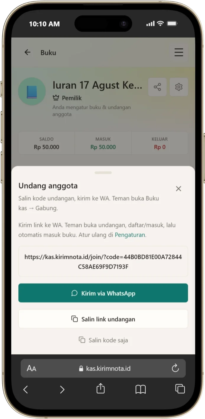 Panel undangan anggota dengan tautan dan kode gabung buku kas