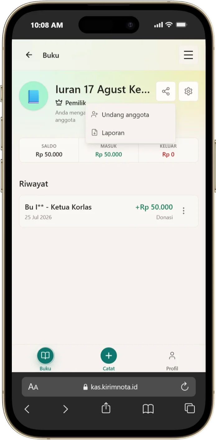 Menu bagikan di buku kas sebelum membuka panel rekap WhatsApp