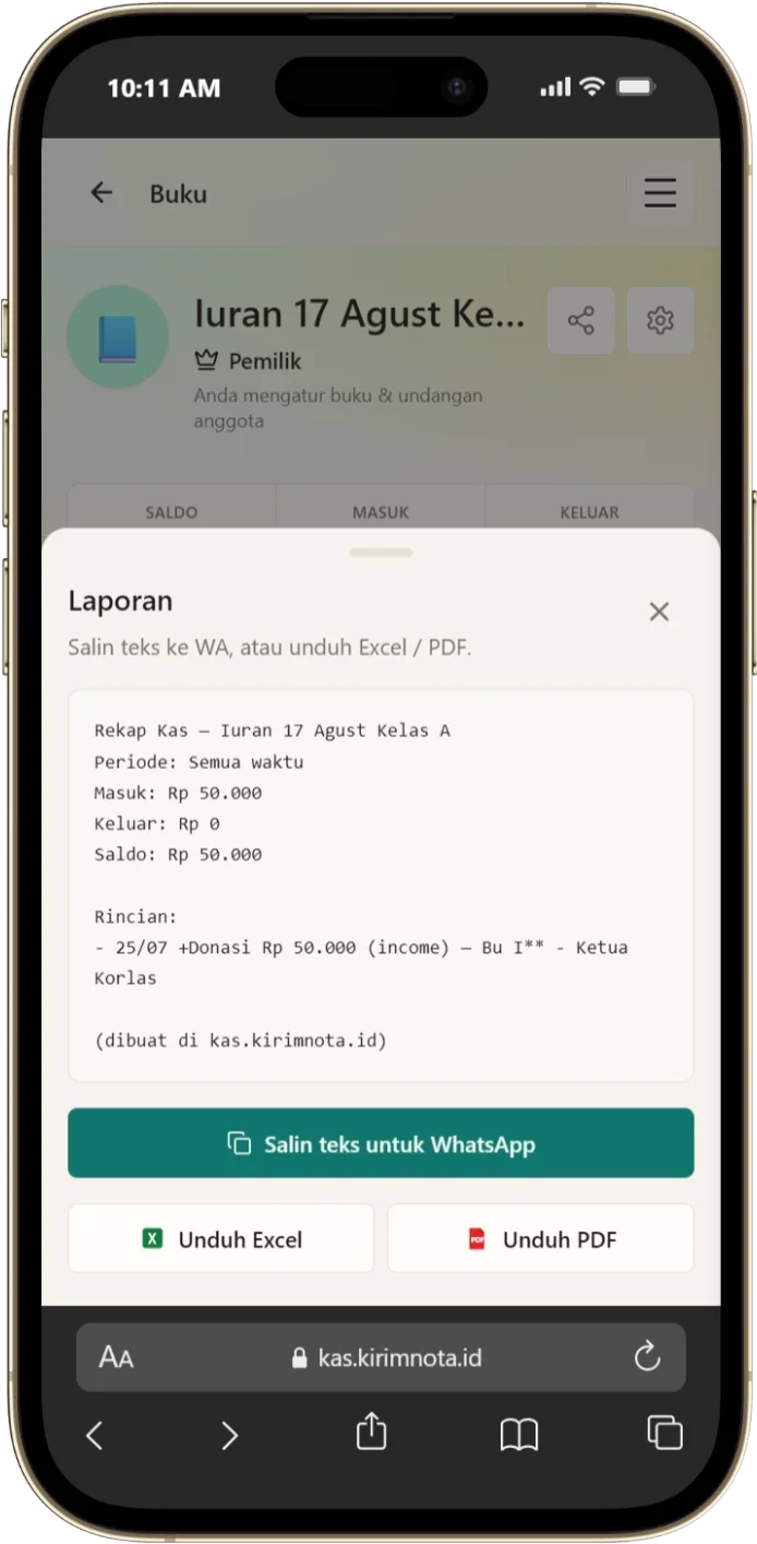 Panel rekap menampilkan tombol salin teks WhatsApp serta unduh Excel dan PDF